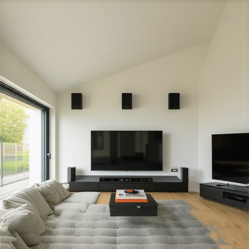 A living room setup showing a soundbar with upward-firing speakers facing a vaulted ceiling for immersive Atmos effects.