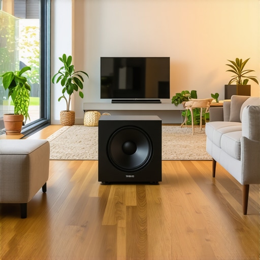 A modern living room with a wireless subwoofer placed near a wall corner for optimal sound.