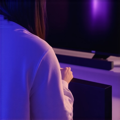 Person carefully positioning a soundbar and wireless subwoofer for optimal audio experience