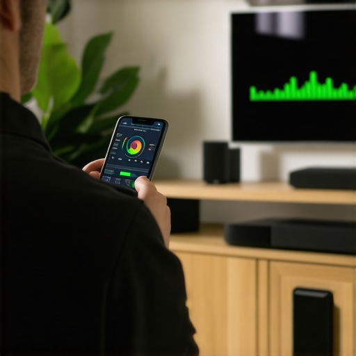 Person analyzing WiFi signals with an app near a home theater system.