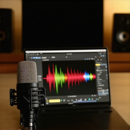 Microphone connected to software analyzing speaker response in a home theater setup.