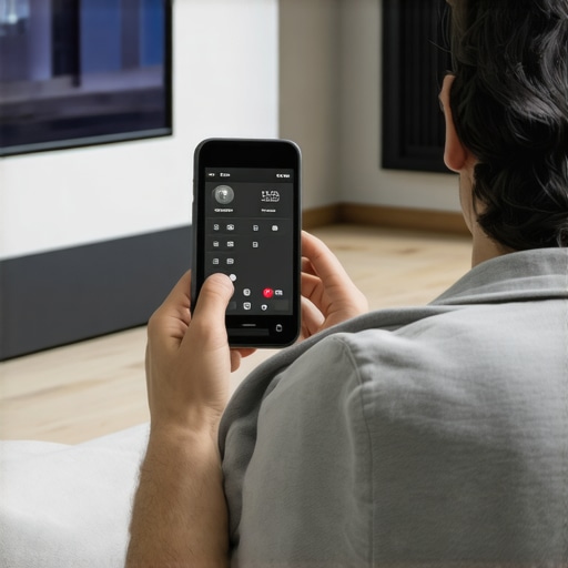 A person using measurement equipment to fine-tune a Dolby Atmos home theater setup.
