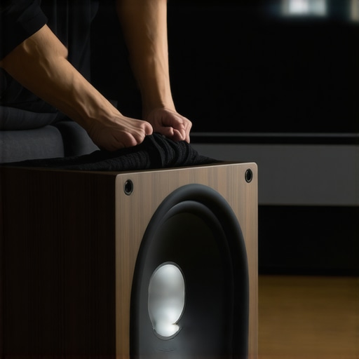 Person wrapping a sock around a subwoofer to improve sound clarity.