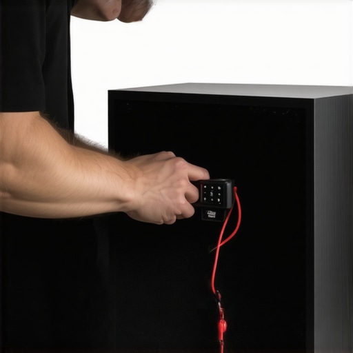 Person connecting ground loop isolator to subwoofer cable in home theater