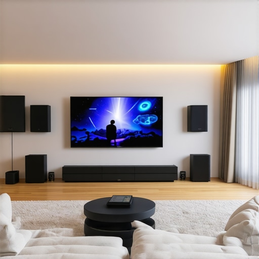 Living room with Dolby Atmos soundbar, calibration devices, and acoustic treatments for optimal sound in 2026.