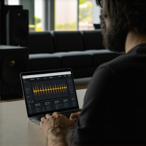 Technician calibrating Dolby Atmos speakers using measurement tools in a living room.