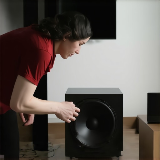 Person moving a wireless subwoofer in a living room to find the best bass sound.