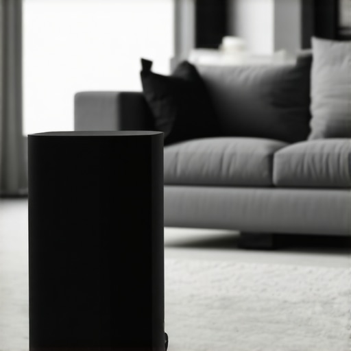 A wireless subwoofer positioned away from walls and electronics to reduce hum.