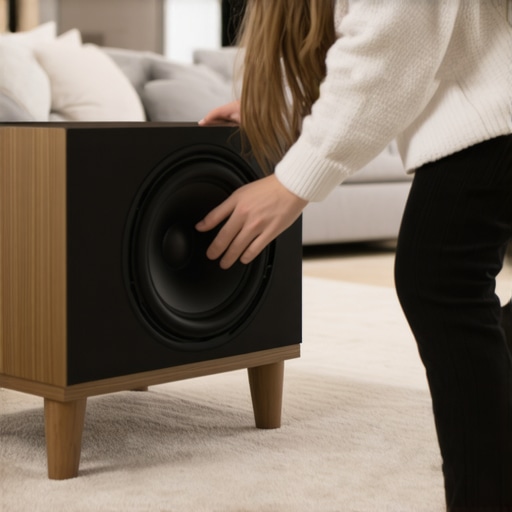 Person elevating a wireless subwoofer on risers in a living room with carpet to improve bass sound.