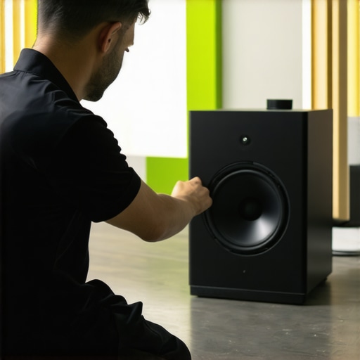 Technician positioning a wireless subwoofer away from walls and electronics to reduce buzzing