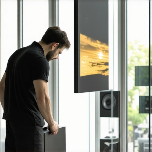 Person moving wireless subwoofer away from reflective glass wall in living room.