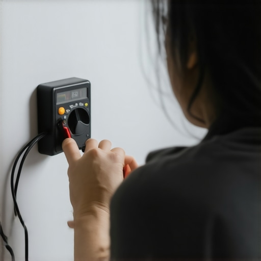 Technician testing electrical outlet grounding with a multimeter in living room.