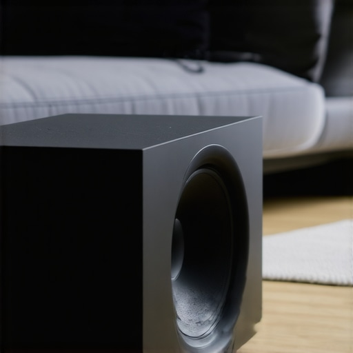 Person adjusting the position of a wireless subwoofer in a contemporary living room to improve sound quality.