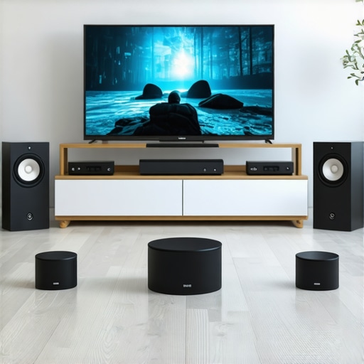 A room with wireless speakers placed around a TV for optimal surround sound